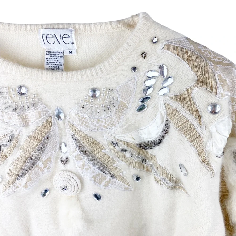 Vintage Reve Ivory Lambswool Rabbit Hair Angora Embroidered Sweater Size Medium - Picture 3 of 9